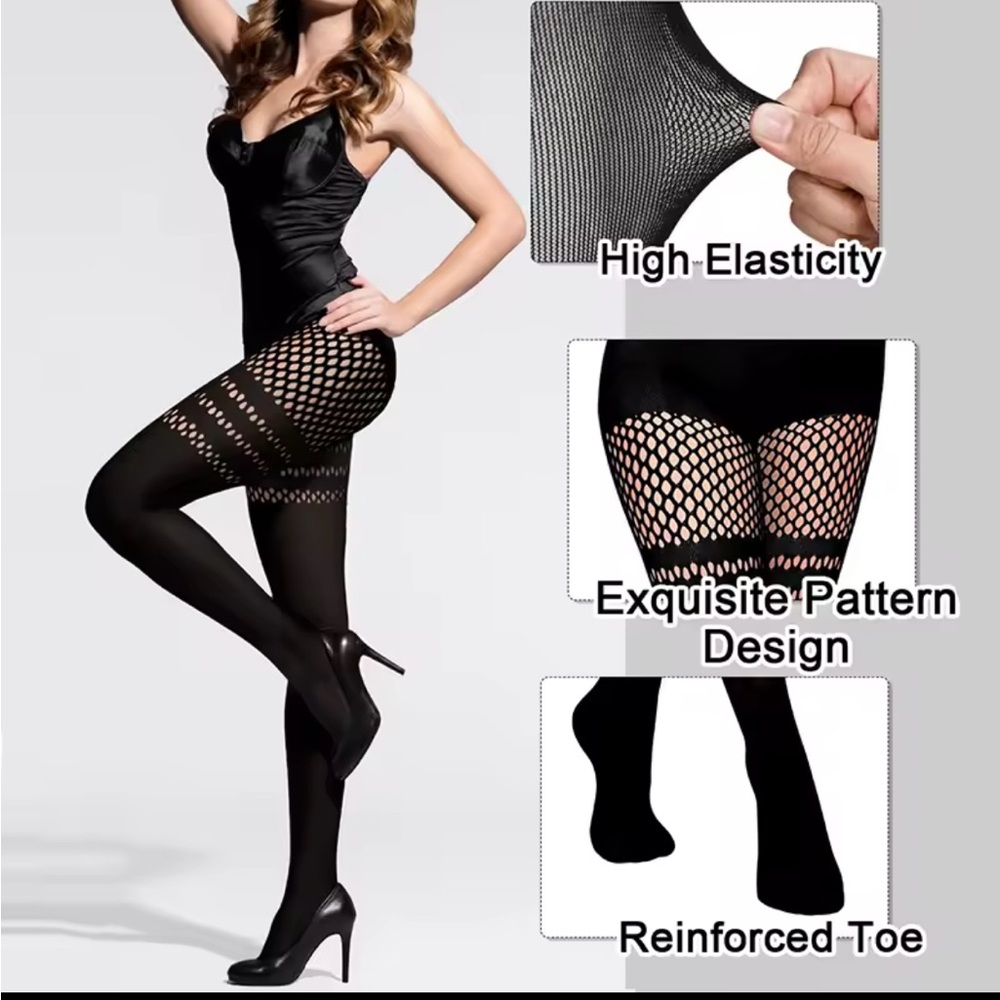 New Sexy Black Fishnets Sheer Striped Garter Goth Nylons pack of 3 - Picture 5 of 5